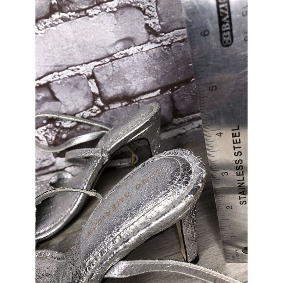 GOOD AMERICAN Metallic Silver Leather Strap Heeled Sandals Women Sz 7M US/37.5EU - Picture 8 of 16